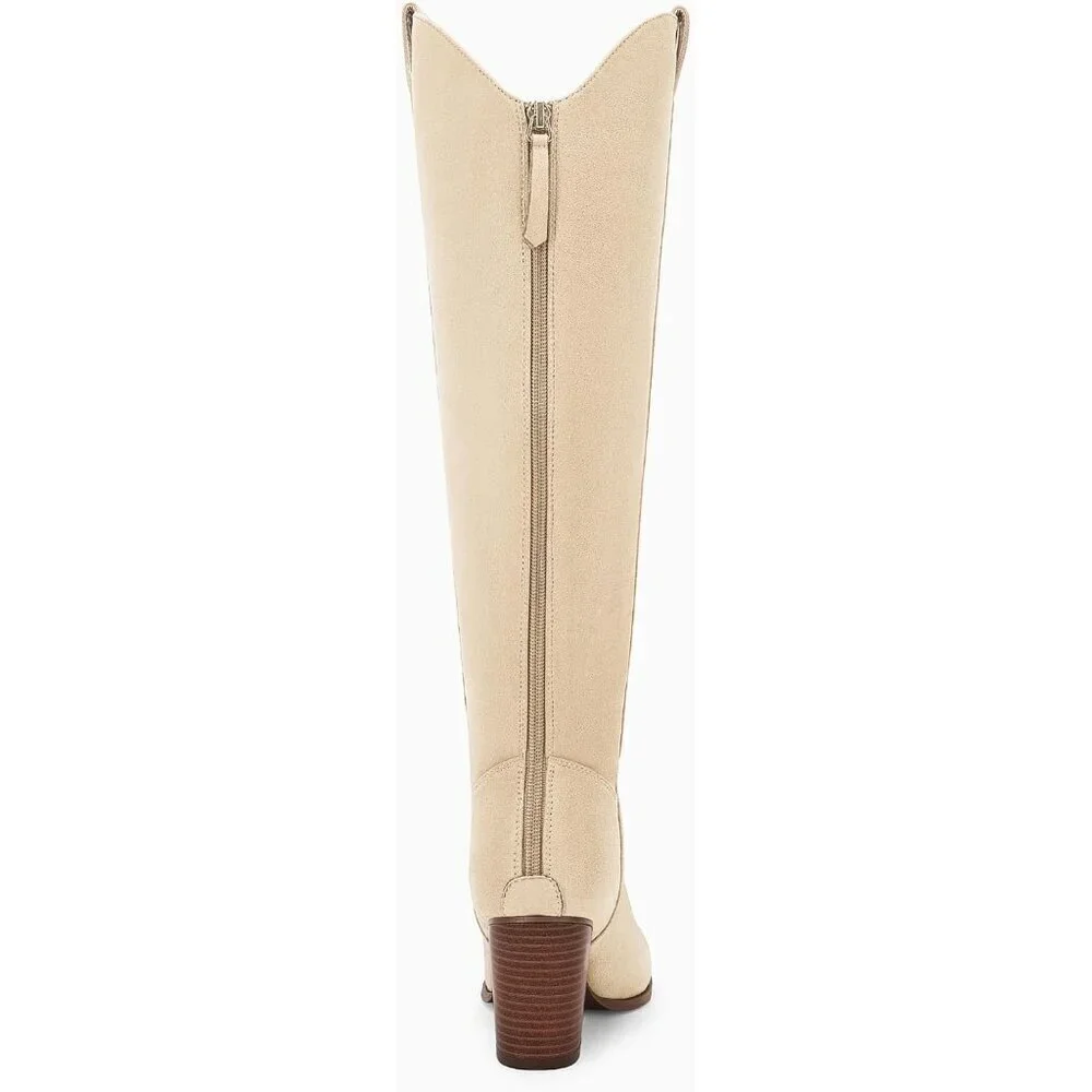 Women Beige Cowboy Knee High Boots Chunky Block Heel Square Toe Tall Riding Boot